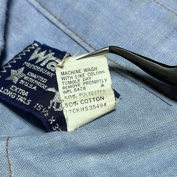 Vintage 80s Wrangler Pearl Snap Shirt Mens 15.5-32 Chambray Western Flap Pocket - Picture 5 of 11
